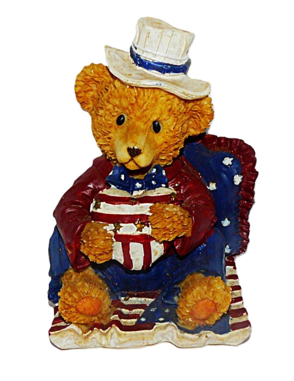 Vtg Patriotic Teddy Bear Figurine American Flag & Top Hat Red White & Blue Decor